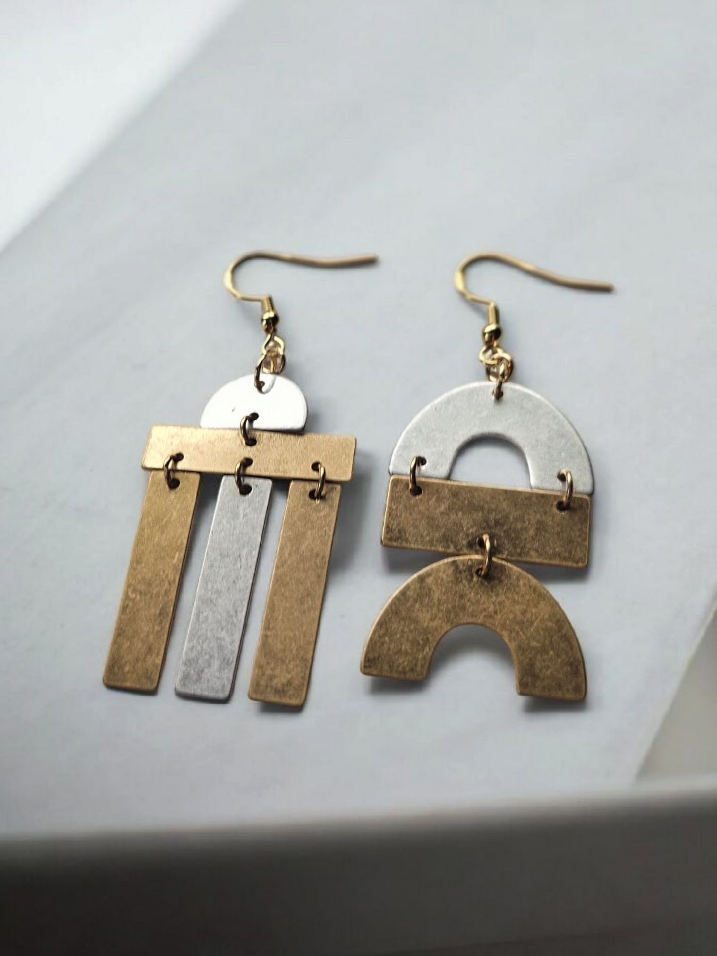 Hammered Gold and Silver Asymmetrical Geometric Shapes Dangle Earrings