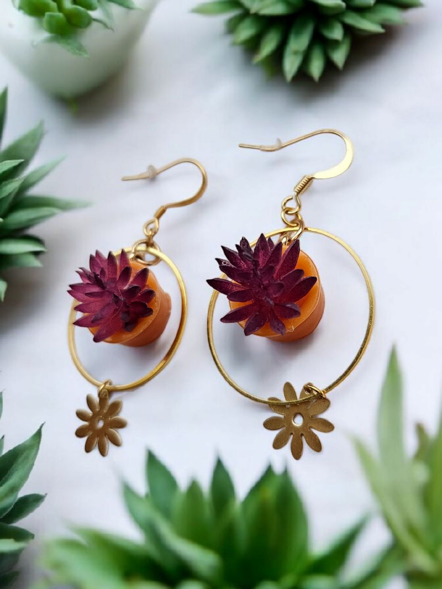 Burgundy Succulent Pots on Gold Rings Dangle Earrings