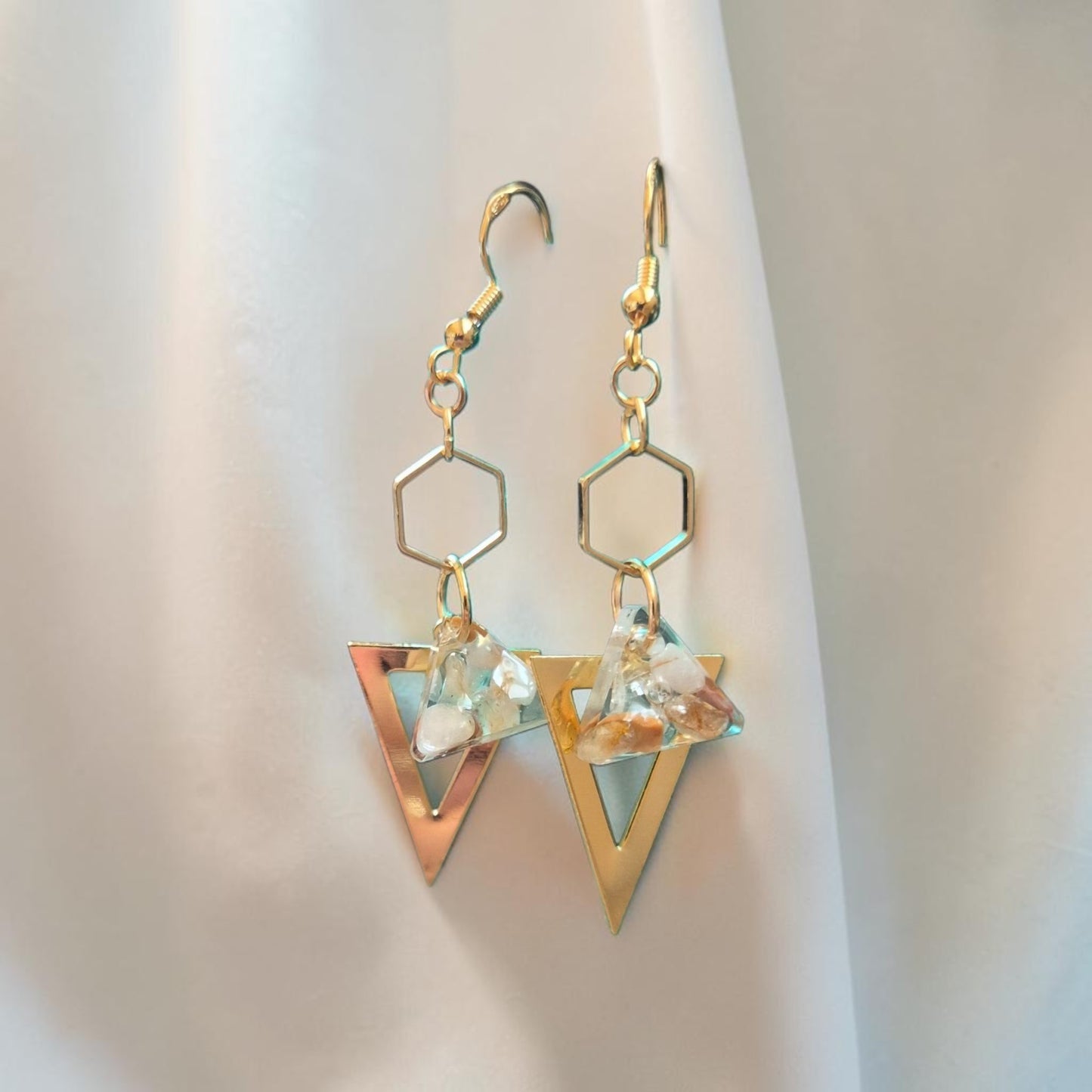 Golden Geometric Dangle Earrings with Tumbled River Stone in Resin