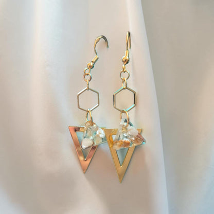 Golden Geometric Dangle Earrings with Tumbled River Stone in Resin
