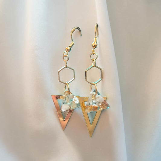 Golden Geometric Dangle Earrings with Tumbled River Stone in Resin