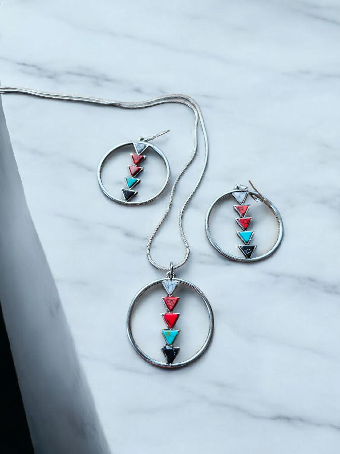 Teal Multicolor Triangles Necklace and Earrings Set
