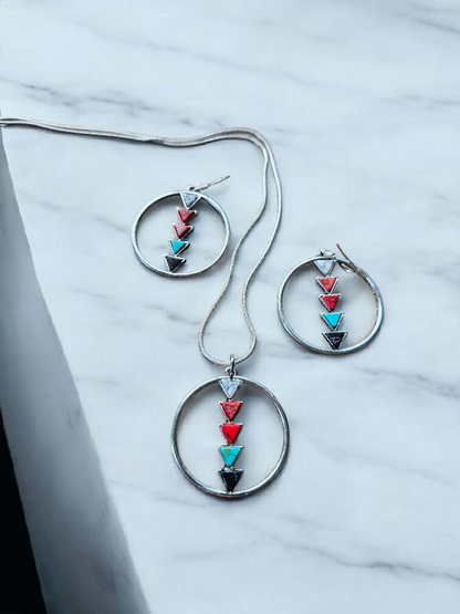 Teal Multicolor Triangles Necklace and Earrings Set