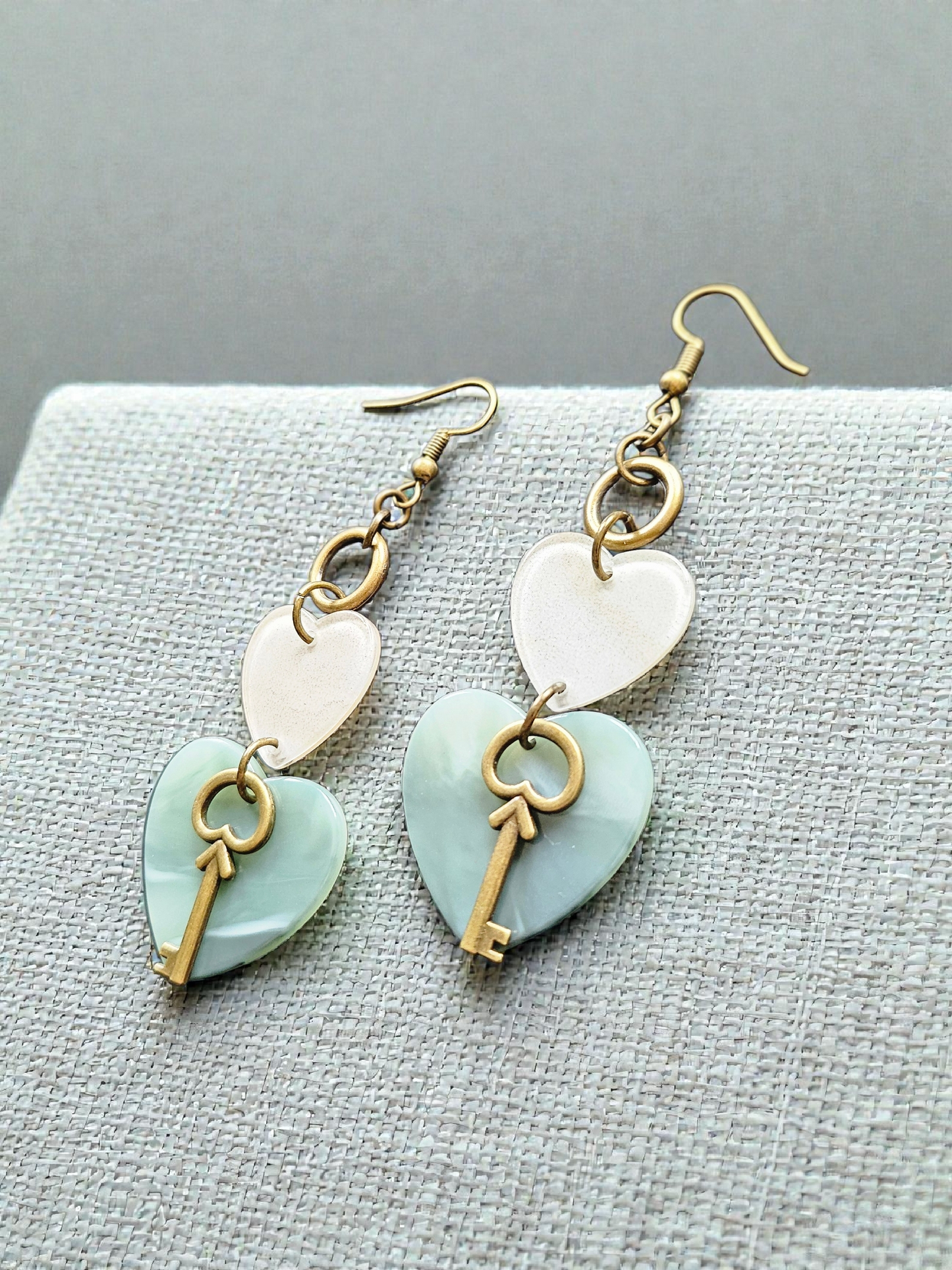 Upcycled Stacked Hearts with Brass Keys Dangle Earrings