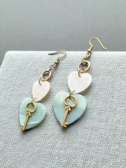 Upcycled Stacked Hearts with Brass Keys Dangle Earrings