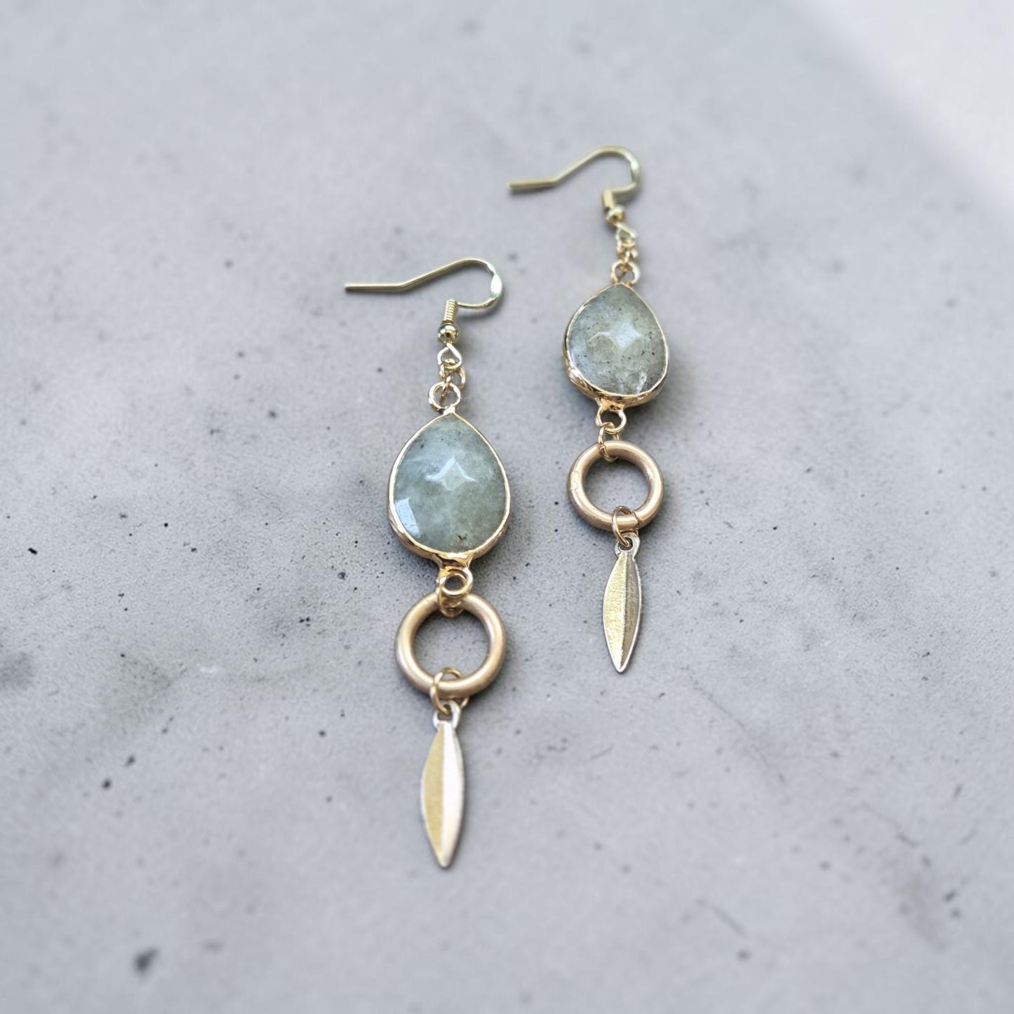 Labradorite Teardrops with Golden Feather Accents Dangle Earrings