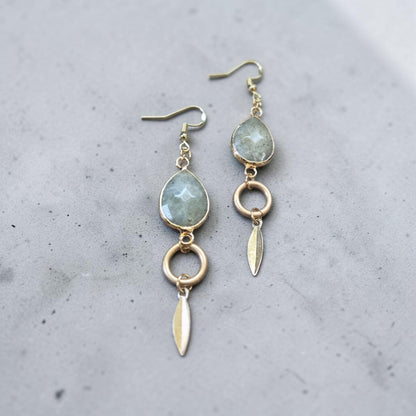 Labradorite Teardrops with Golden Feather Accents Dangle Earrings
