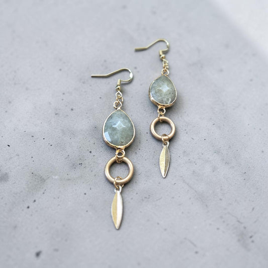 Labradorite Teardrops with Golden Feather Accents Dangle Earrings