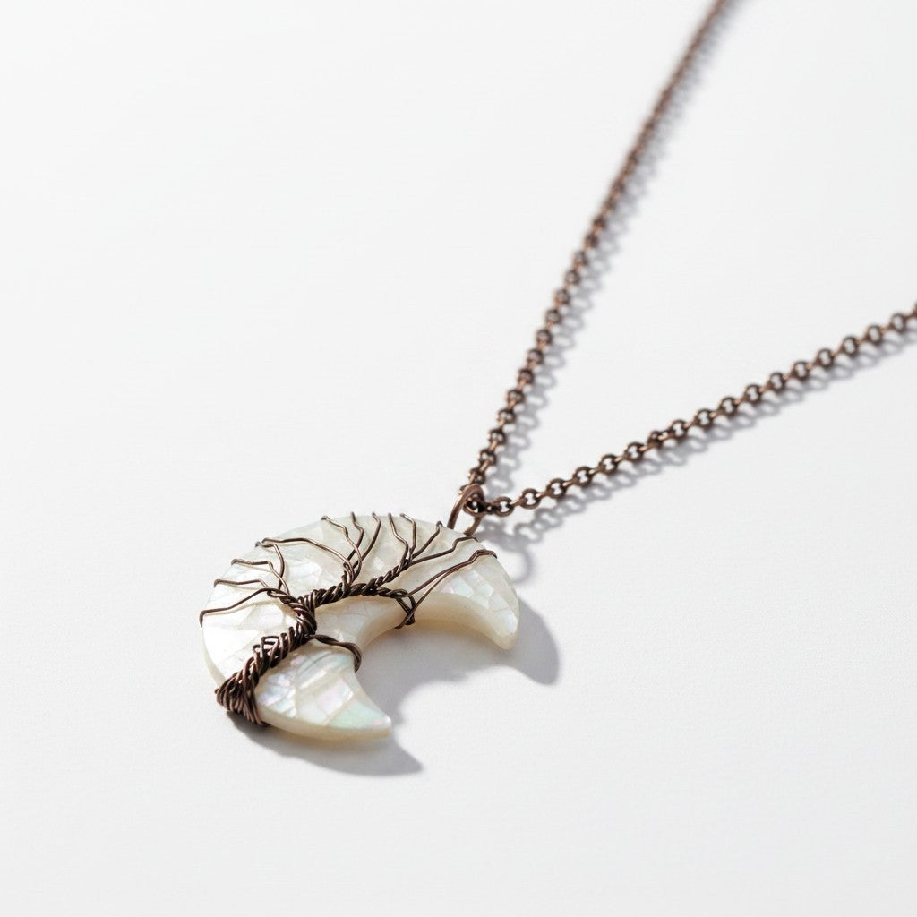 Copper Wrapped Mother of Pearl Crescent Moon Necklace