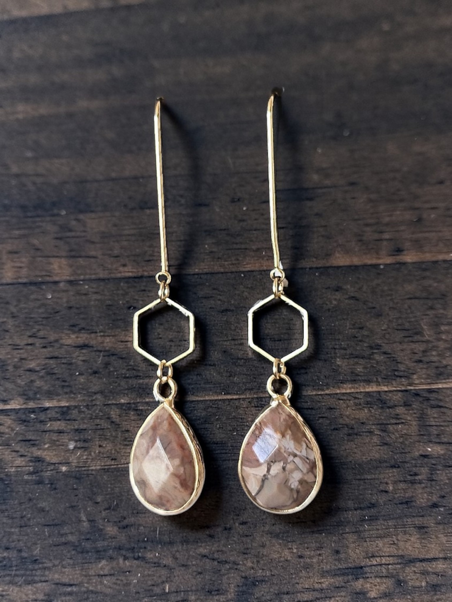 Teardrop Gemstones and Hexagons on Golden U-shaped Earrings