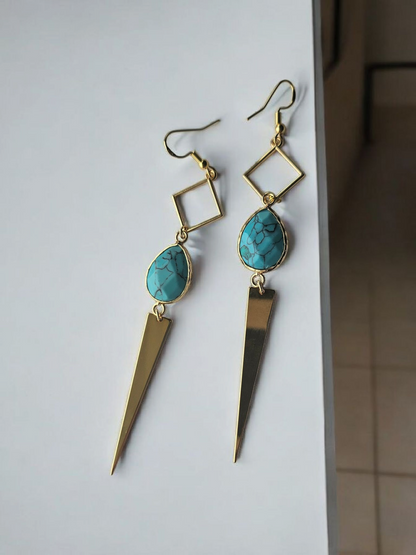 Teal Marbled Gemstone on Geometric Dangle Long Earrings