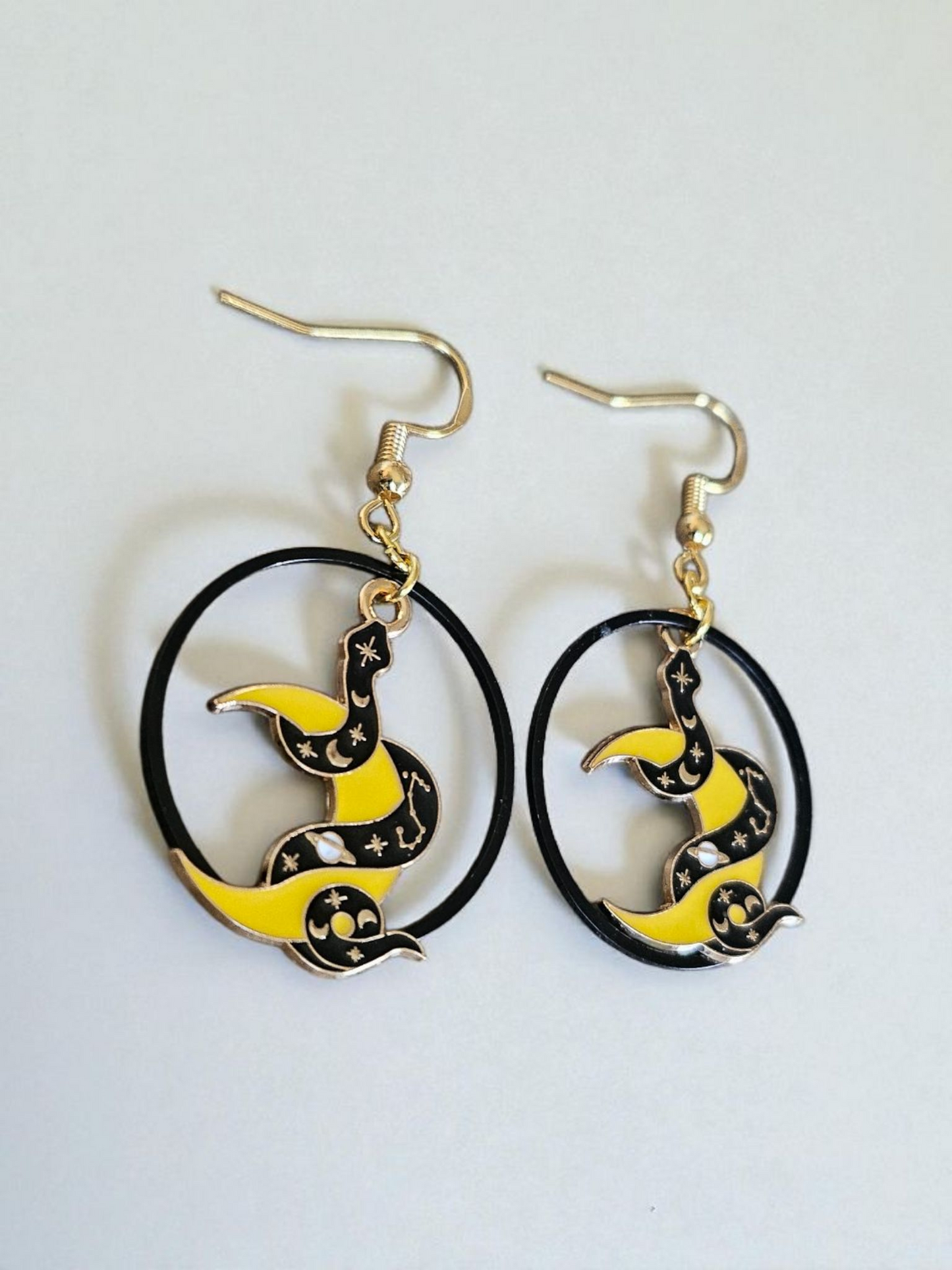 Snakes And Moons Black And Yellow Dangle Earrings For Bold Edgy Style Statement Jewelry Gift Idea