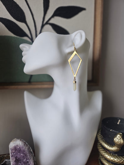 Elongated Diamond Geometric Dangle Earrings with White Gemstone Teardrop