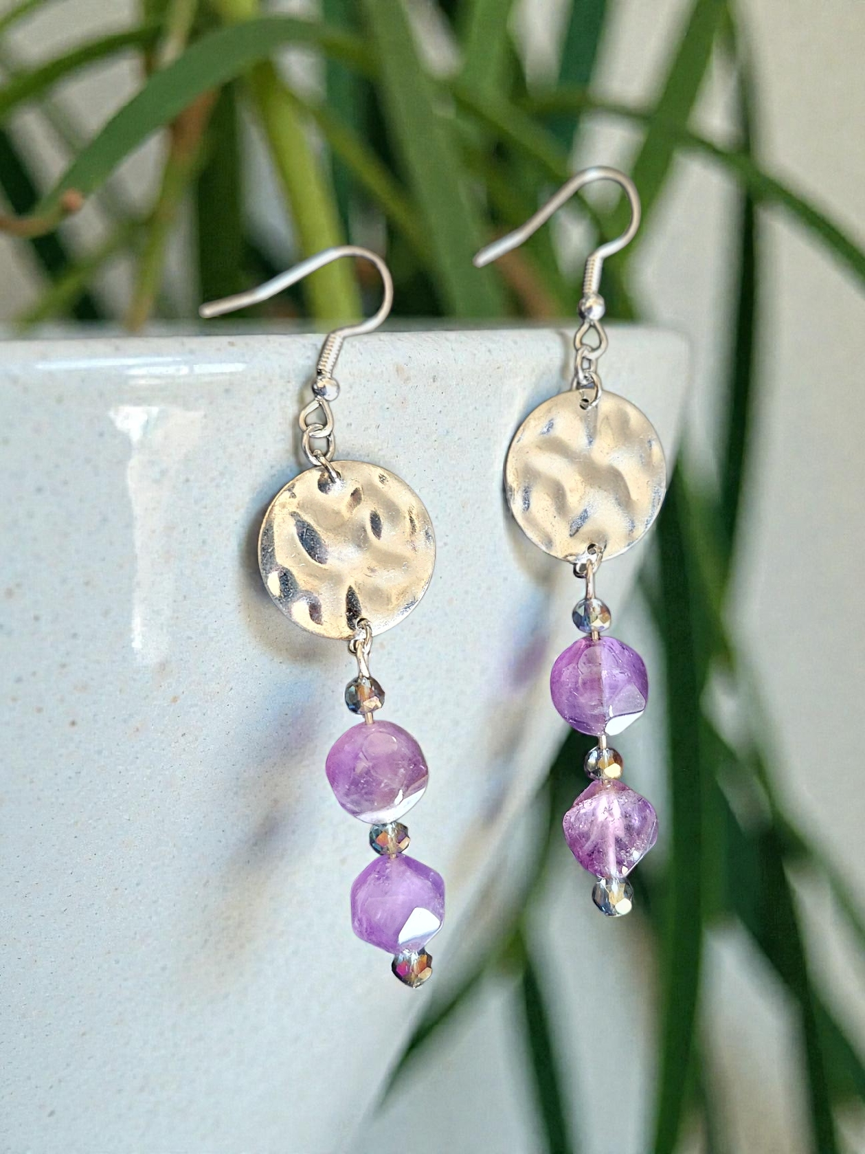 Genuine Amethyst Beads on Silver Medallion Dangle Earrings