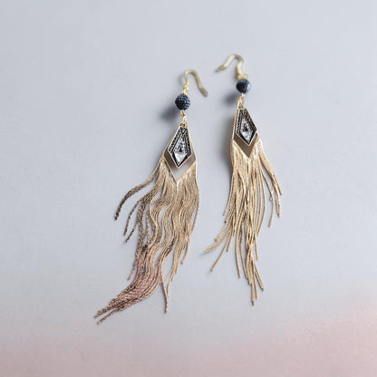 Golden Metal Tassles with Black Accents Dangle Earrings