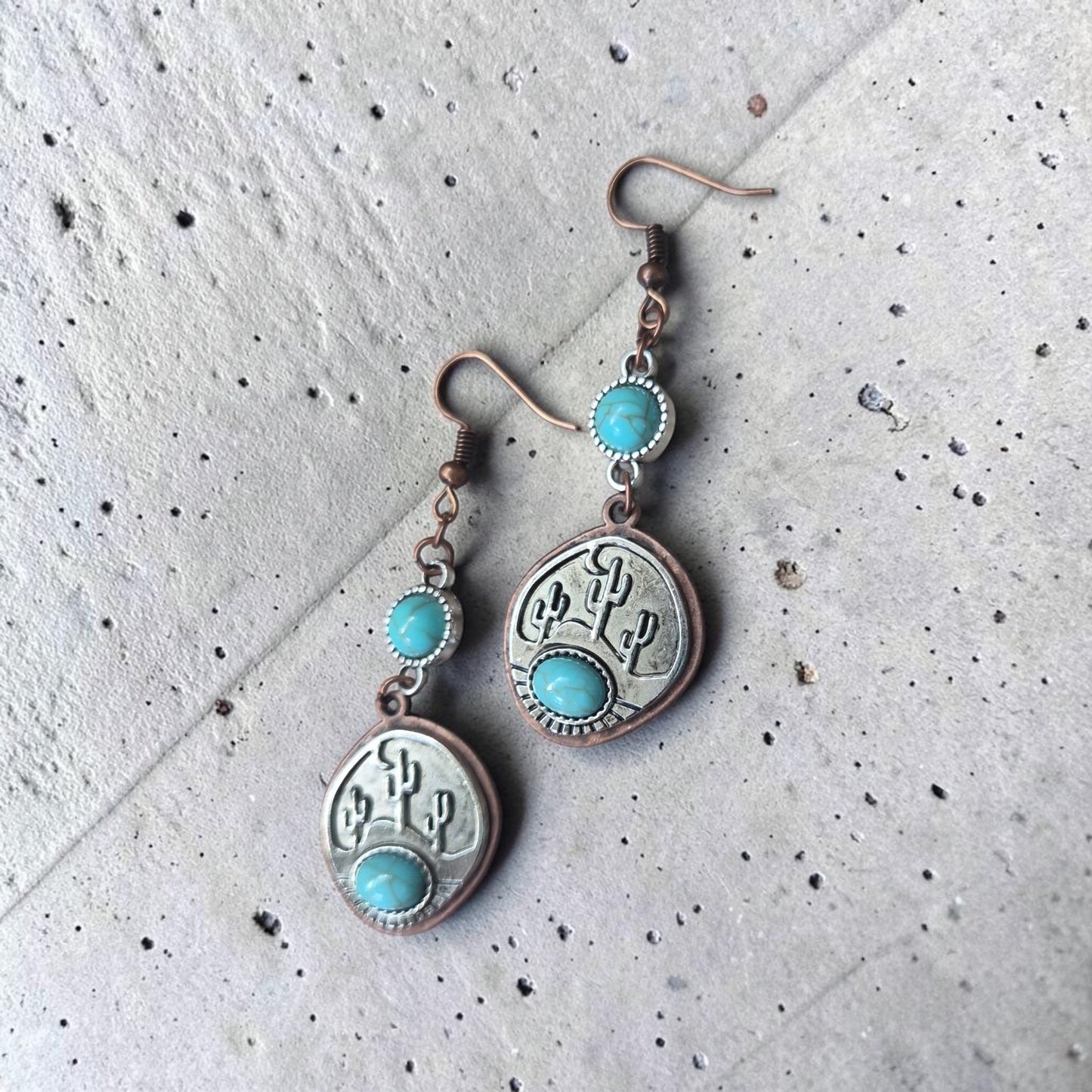 Copper and Turquoise Rounded Western Cactus Earrings