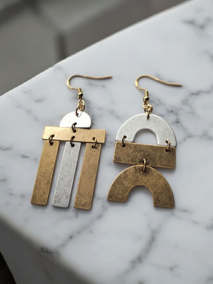 Hammered Gold and Silver Asymmetrical Geometric Shapes Dangle Earrings