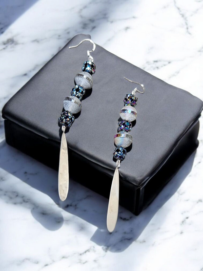 Upcycled Silver Charm Dangle Earrings With Space Bead Eco Friendly Lightweight Statement Jewelry