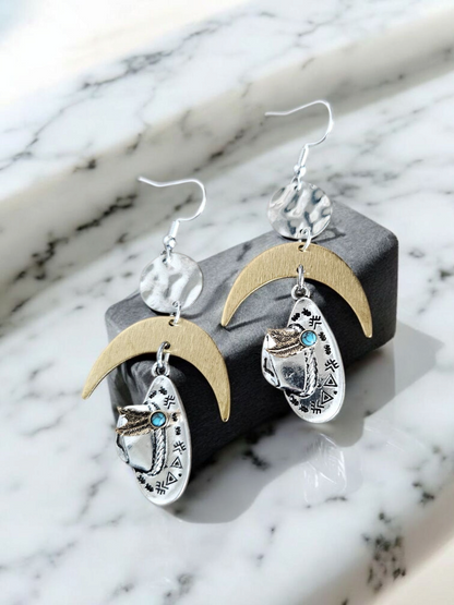 Silver, Teal, and Gold Crescent Moon Cowboy Hat Dangle Earrings