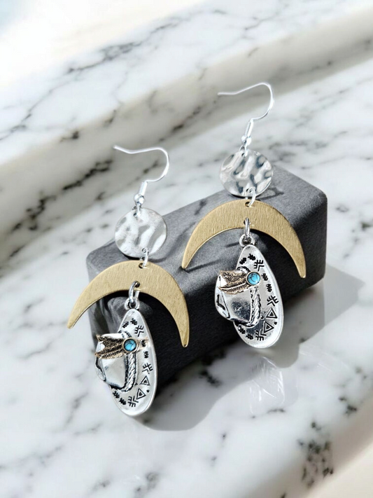 Silver, Teal, and Gold Crescent Moon Cowboy Hat Dangle Earrings
