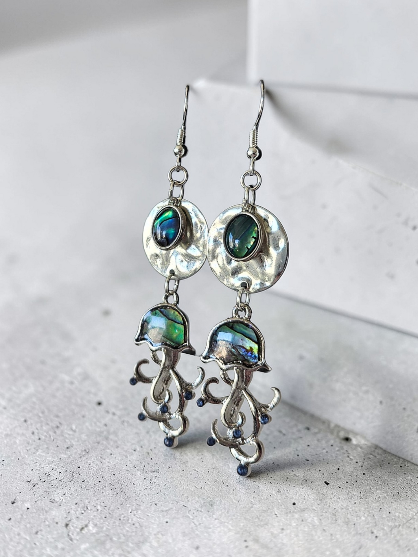 Silvery Abalone Jellyfish on Silvery Circles Dangle Earrings