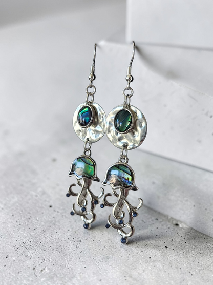 Silvery Abalone Jellyfish on Silvery Circles Dangle Earrings