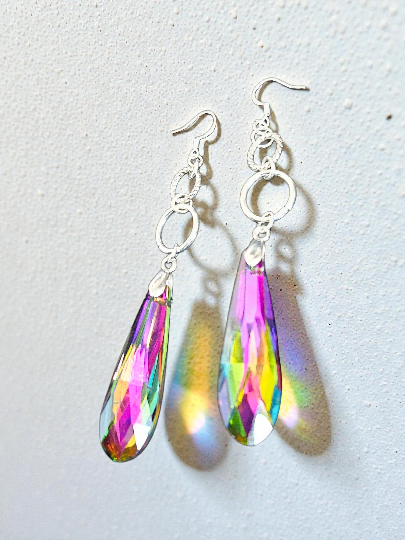 Colorful Sun Catcher Teardrops on Silvery Circles Dangle Earrings