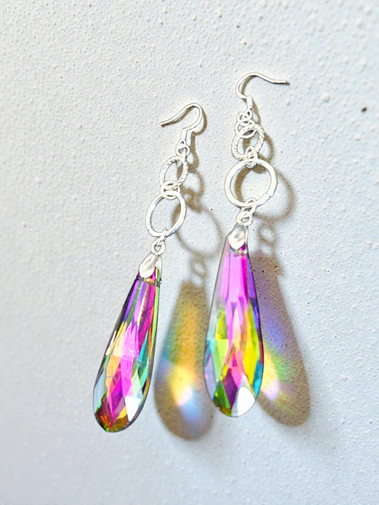 Colorful Sun Catcher Teardrops on Silvery Circles Dangle Earrings