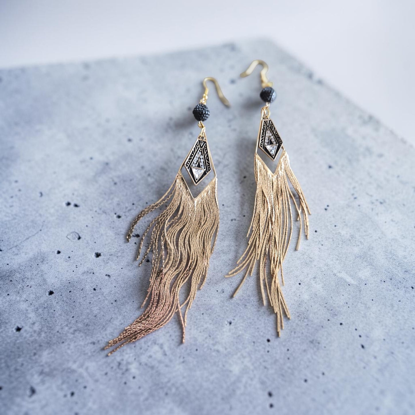 Golden Metal Tassles with Black Accents Dangle Earrings