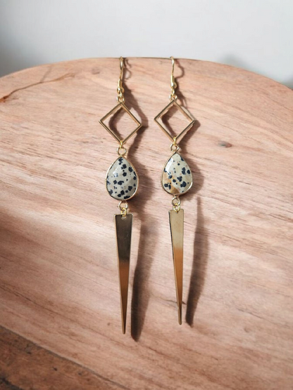 Dalmatian Jasper Gemstone on Geometric Dangle Long Earrings
