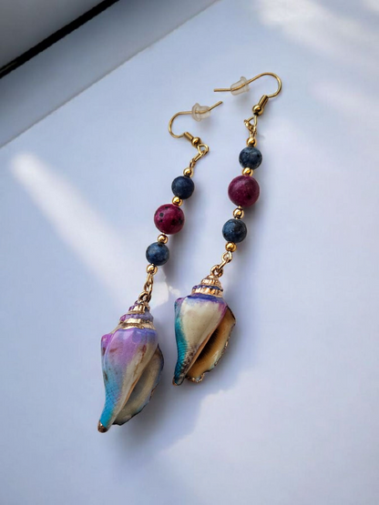 Purple and Blue Seashell Long Dangle Earrings