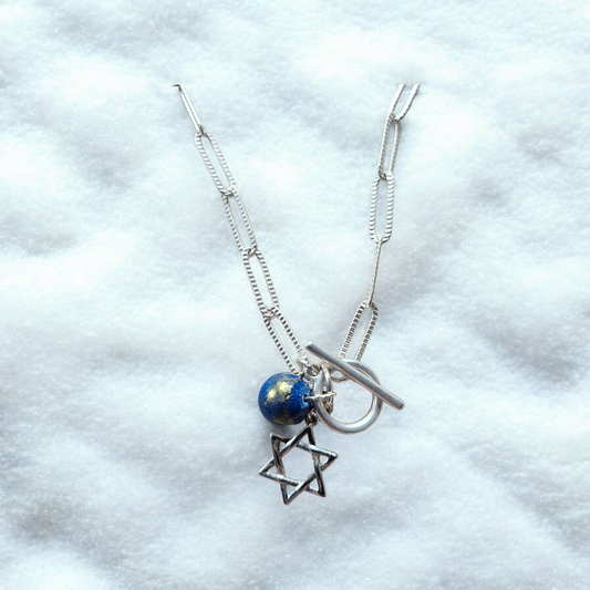 Silver Star of David Hannukah Chain Necklace with Blue and Gold Accent Bead