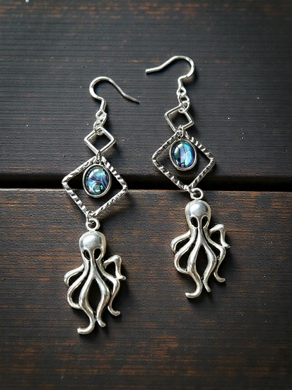 Geometric Silvery Octopus Dangle Earrings with Abalone Accent Charms