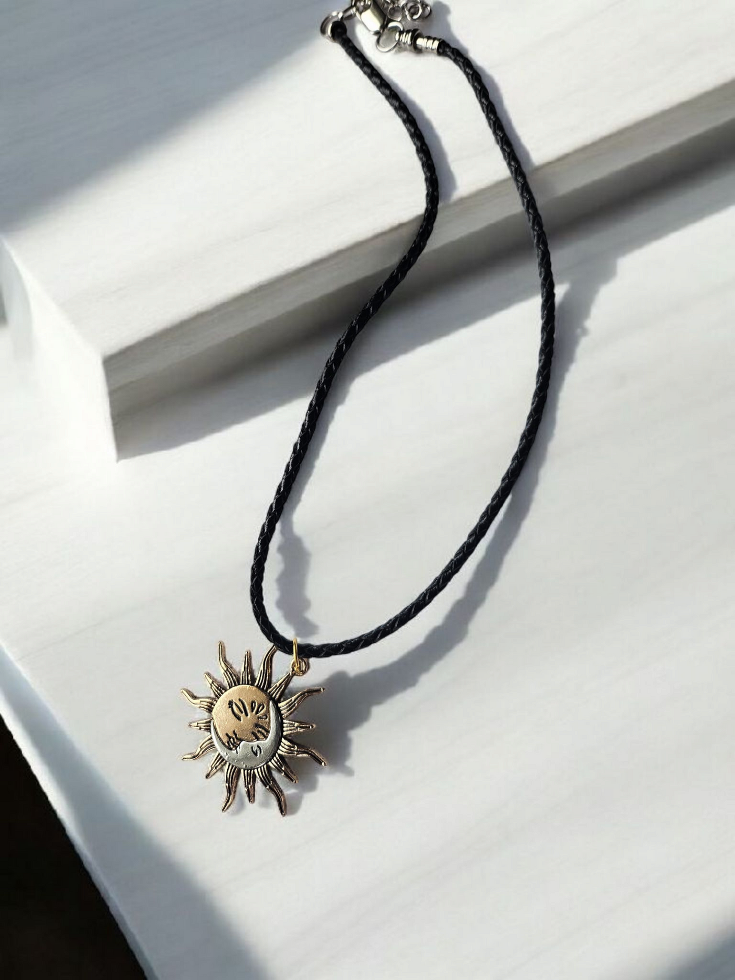 Two Face Sun and Moon Braided Leather 16" Necklace