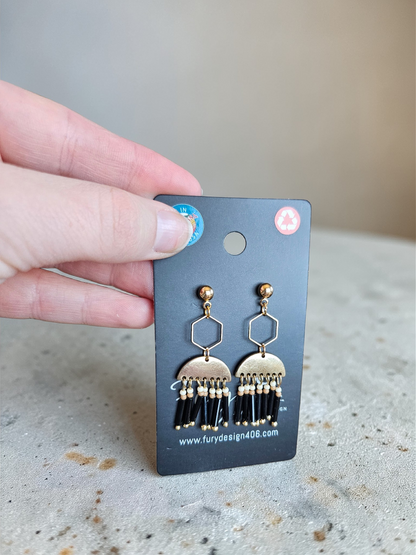Upcycled Boho Black Bead Tassel Earrings on Golden Geometric Studs