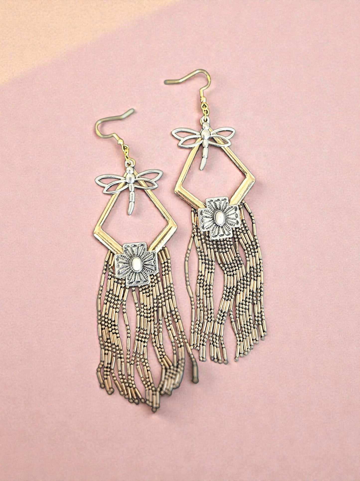 Upcycled Silvery Dragonflies on Golden Geometric Tassels Dangle Earrings