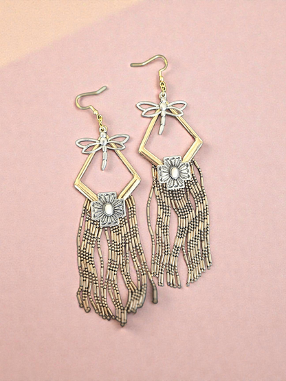 Upcycled Silvery Dragonflies on Golden Geometric Tassels Dangle Earrings