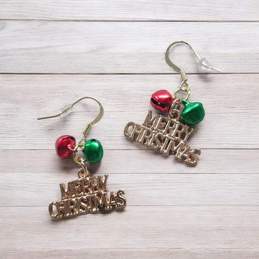Gold Merry Christmas Dangle Earrings with Green and Red Jingle Bells Holiday Earrings