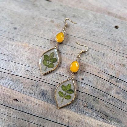 Yellow Amber Teardrops with Leaves in Resin Golden Dangle Earrings