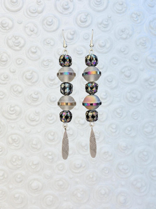 Upcycled Silver Charm Dangle Earrings With Space Bead Eco Friendly Lightweight Statement Jewelry Short