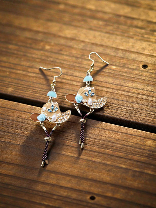 Upcycled Blingy Cowboy Hats with Real Rope Straps Dangle Earrings with Teal Accents
