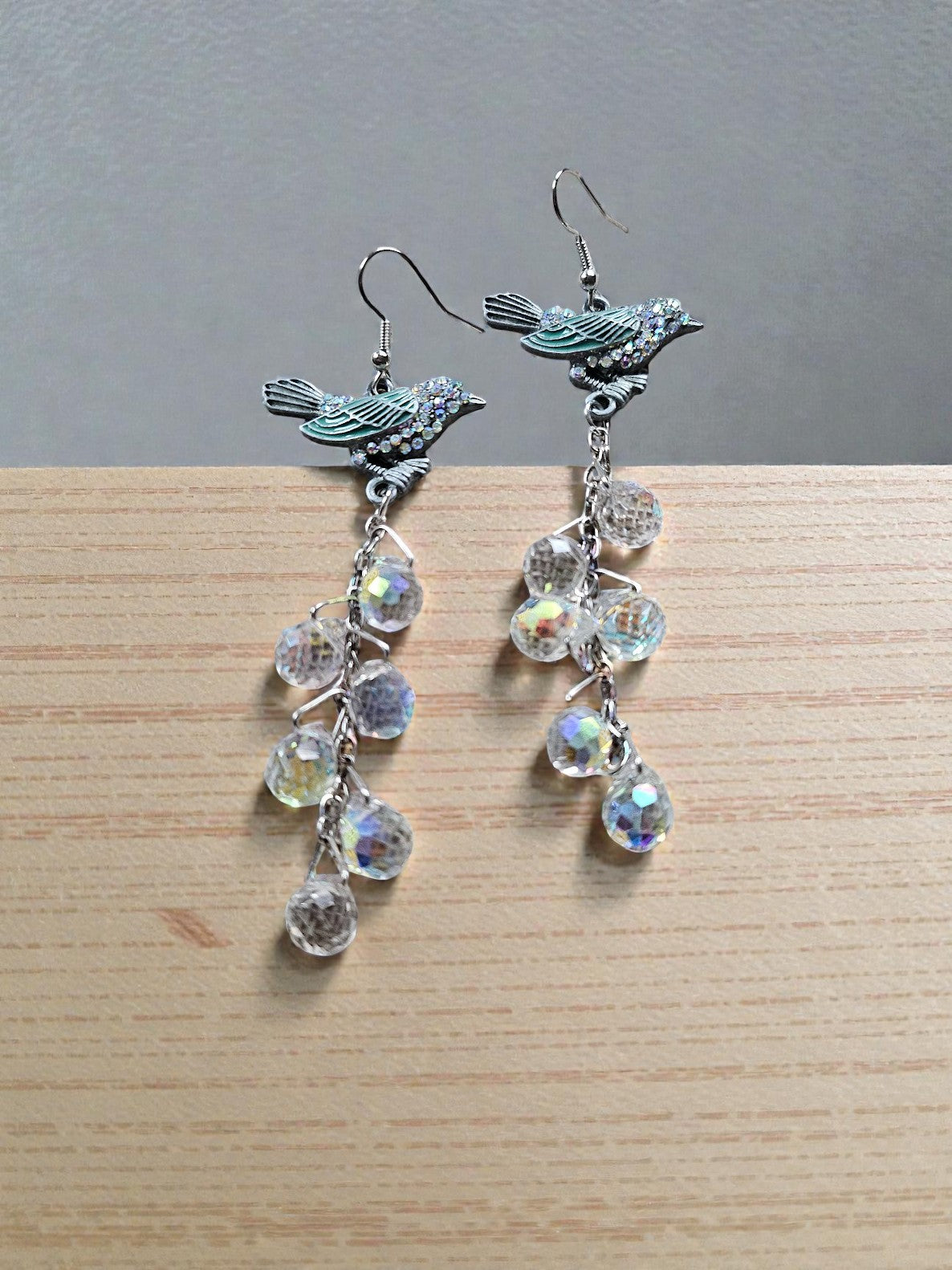 Rhinestone Bluebird with Long Chandelier Suncatcher Drop Dangle Earrings
