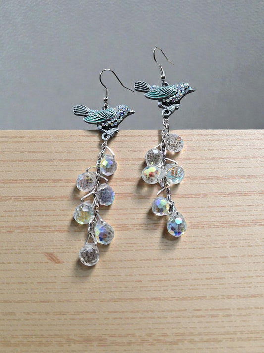 Rhinestone Bluebird with Long Chandelier Suncatcher Drop Dangle Earrings