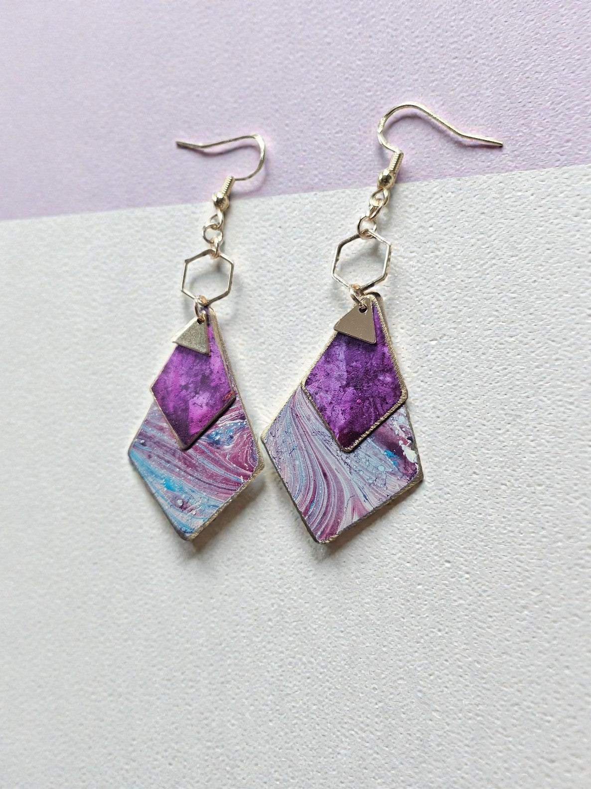 Upcycled Paint Drip Geometric Earrings on Golden Hexagons Dangle Earrings Purple