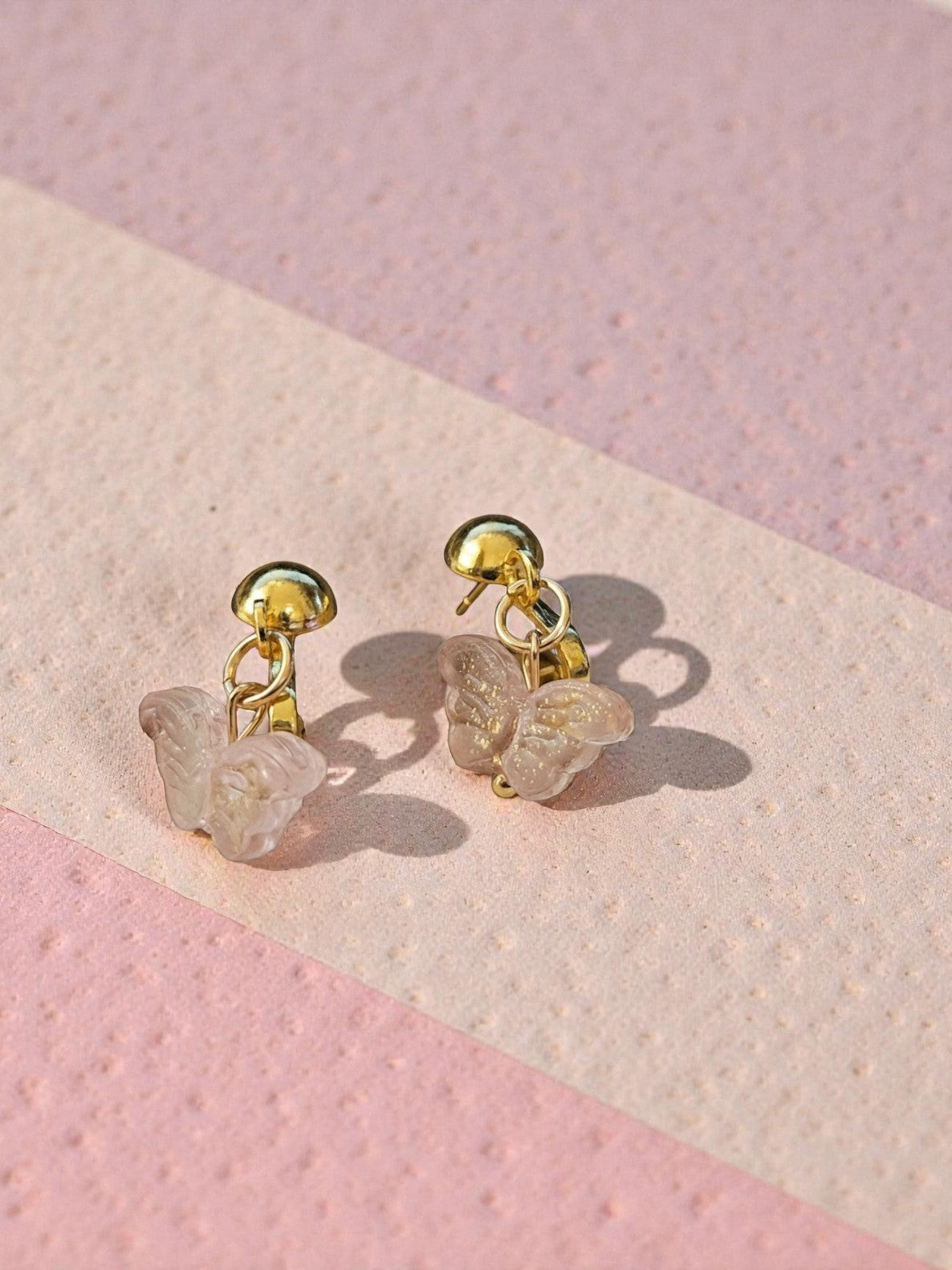 Pink Sparkle Butterfly Clip on Dangle Earrings on Gold Clips