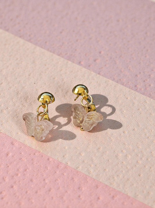 Pink Sparkle Butterfly Clip on Dangle Earrings on Gold Clips
