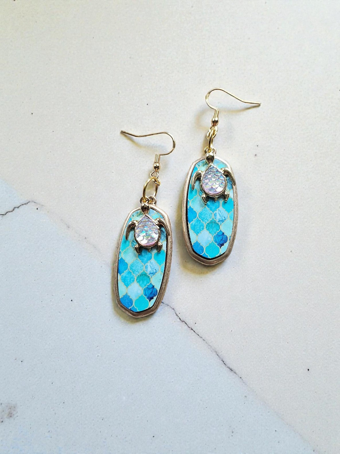 Upcycled Holographic Sea turtles on Gold Blue Prismatic Base Dangle Earrings