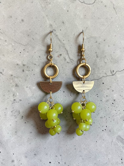 Upcycled Green Bead Clusters on Golden Geometric Dangle Earrings