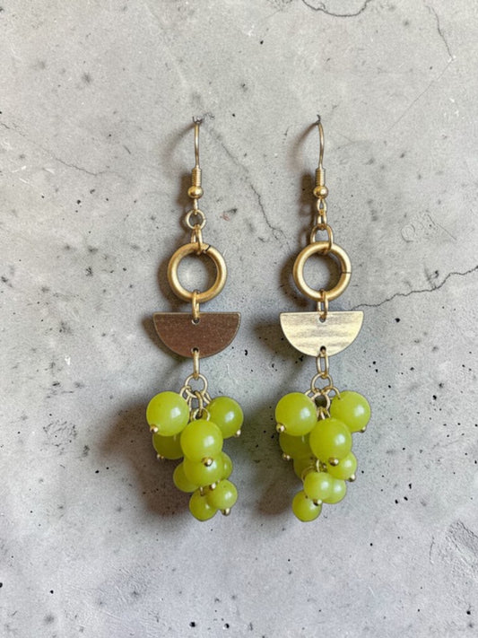 Upcycled Green Bead Clusters on Golden Geometric Dangle Earrings