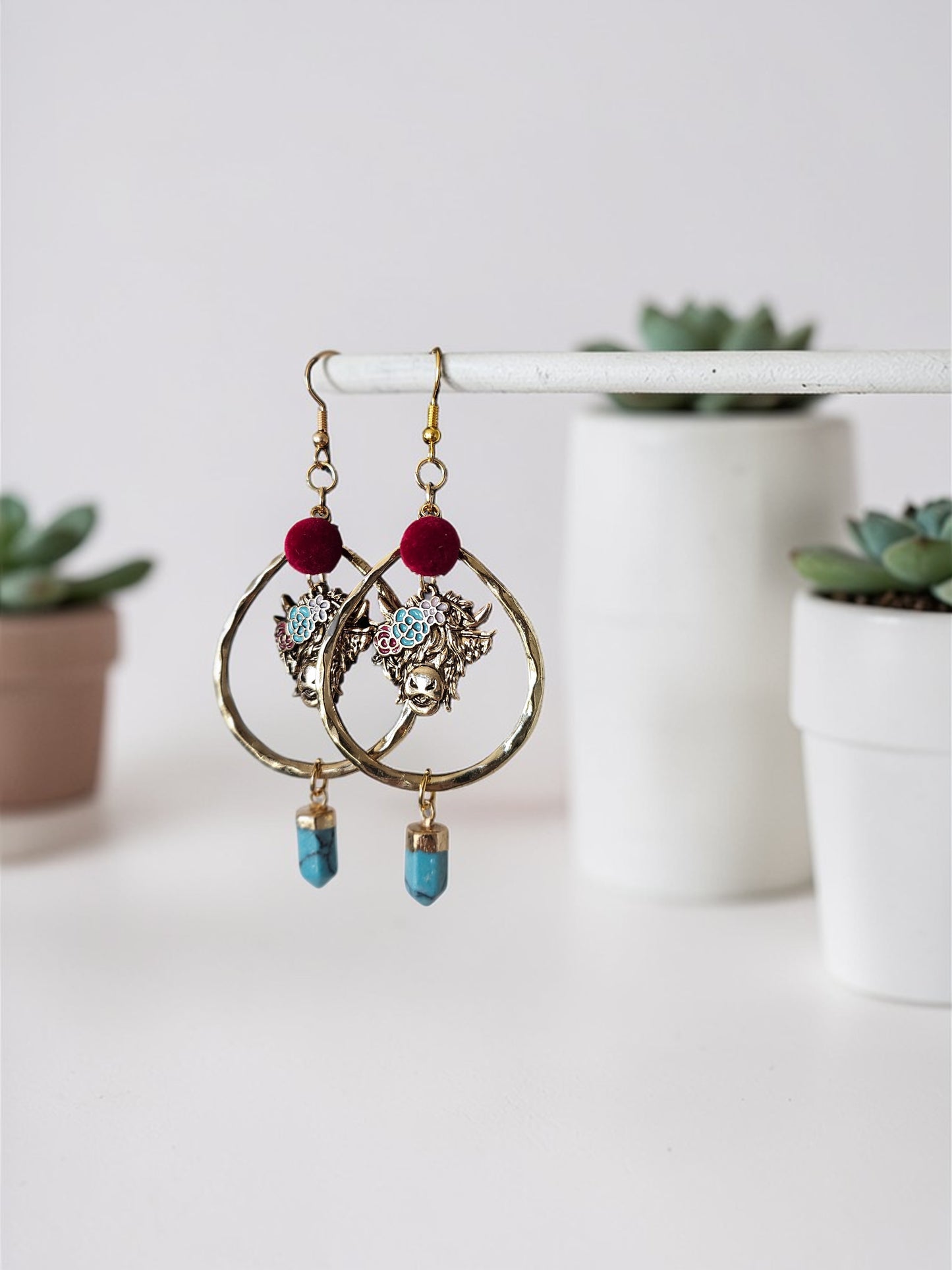 Upcycled Golden Teardrop Flowery Cow Earrings with Turquoise Points